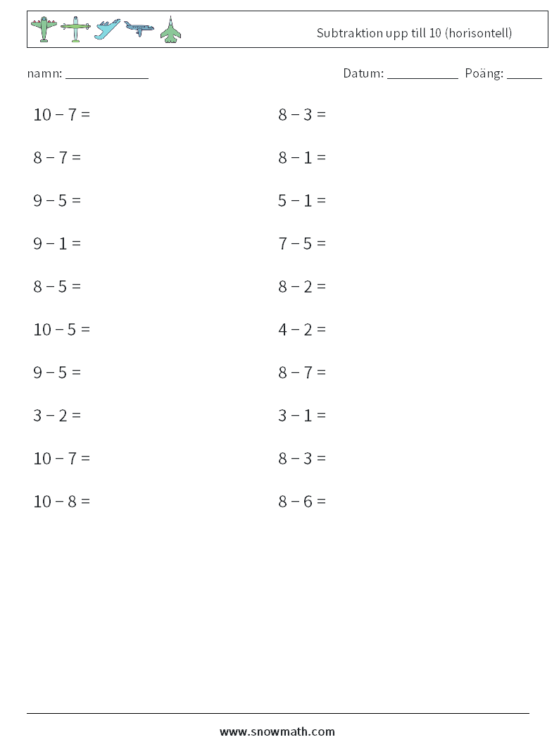 (20) Subtraktion upp till 10 (horisontell) Matematiska arbetsblad 6