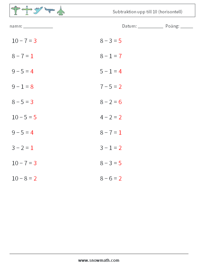 (20) Subtraktion upp till 10 (horisontell) Matematiska arbetsblad 6 Fråga, svar