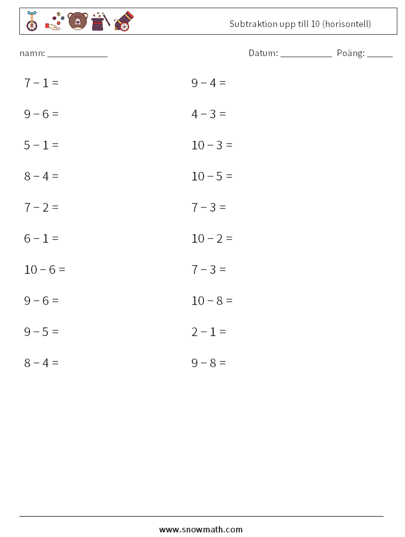 (20) Subtraktion upp till 10 (horisontell) Matematiska arbetsblad 7
