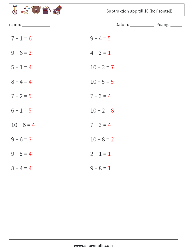 (20) Subtraktion upp till 10 (horisontell) Matematiska arbetsblad 7 Fråga, svar