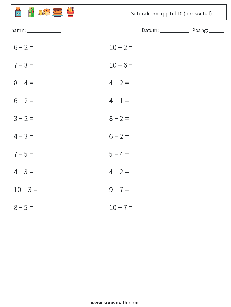 (20) Subtraktion upp till 10 (horisontell) Matematiska arbetsblad 8