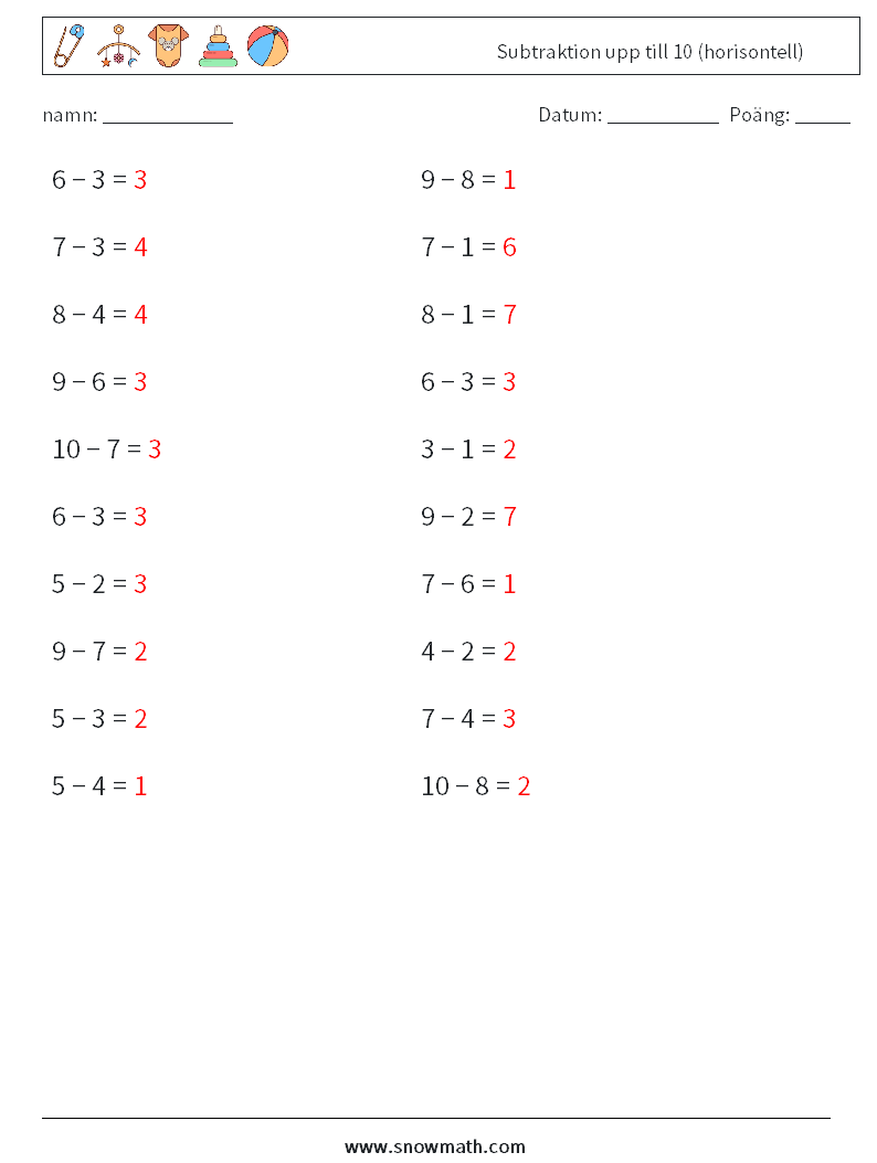 (20) Subtraktion upp till 10 (horisontell) Matematiska arbetsblad 9 Fråga, svar