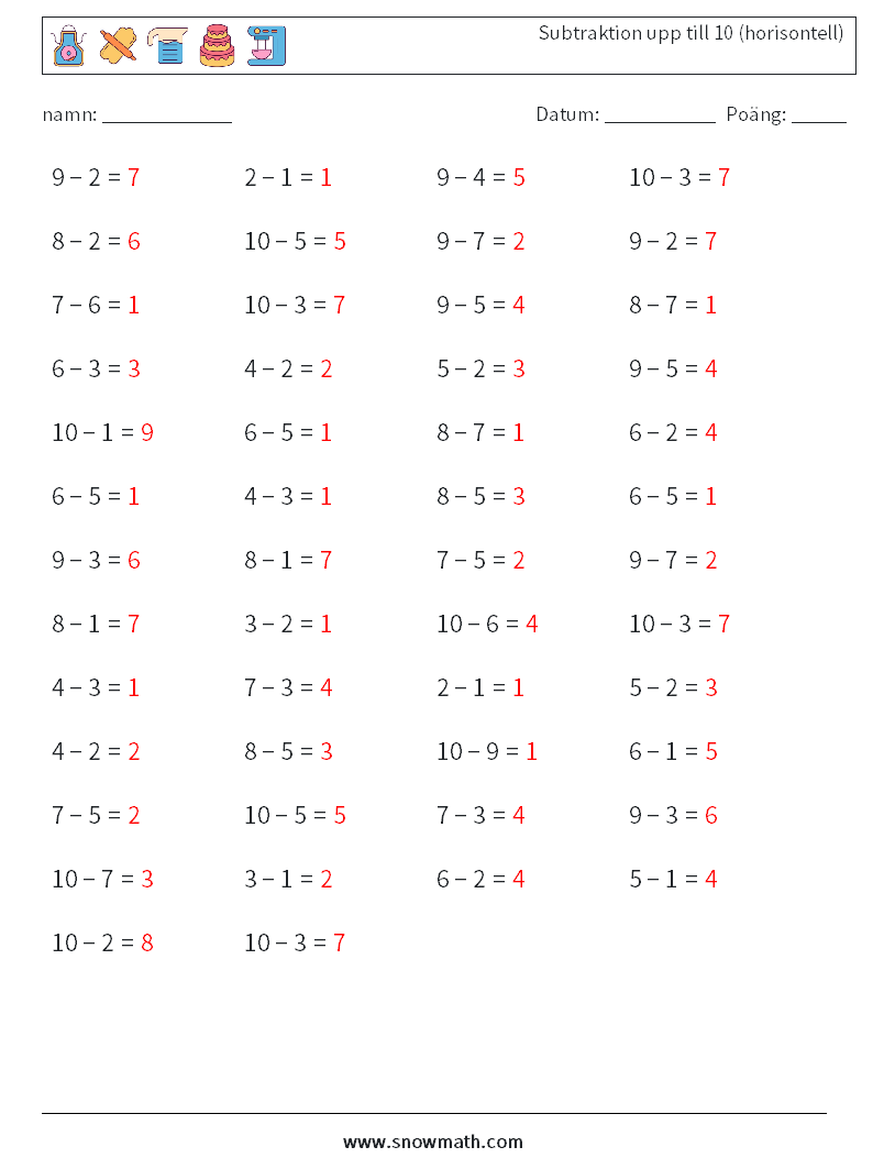 (50) Subtraktion upp till 10 (horisontell) Matematiska arbetsblad 1 Fråga, svar