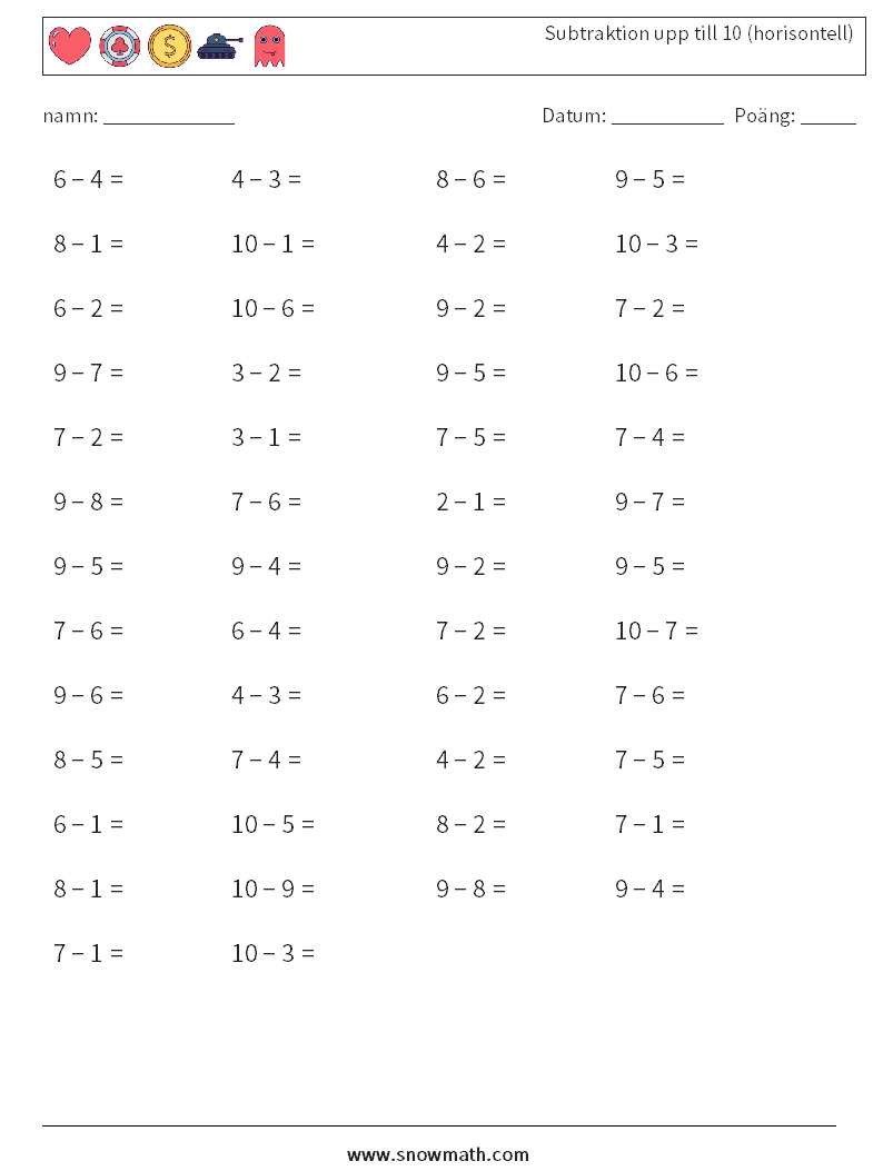(50) Subtraktion upp till 10 (horisontell) Matematiska arbetsblad 2