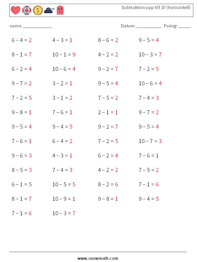 (50) Subtraktion upp till 10 (horisontell) Matematiska arbetsblad 2 Fråga, svar