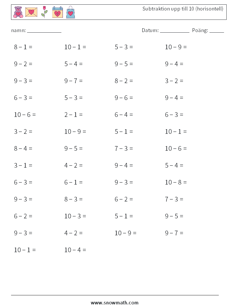 (50) Subtraktion upp till 10 (horisontell) Matematiska arbetsblad 3