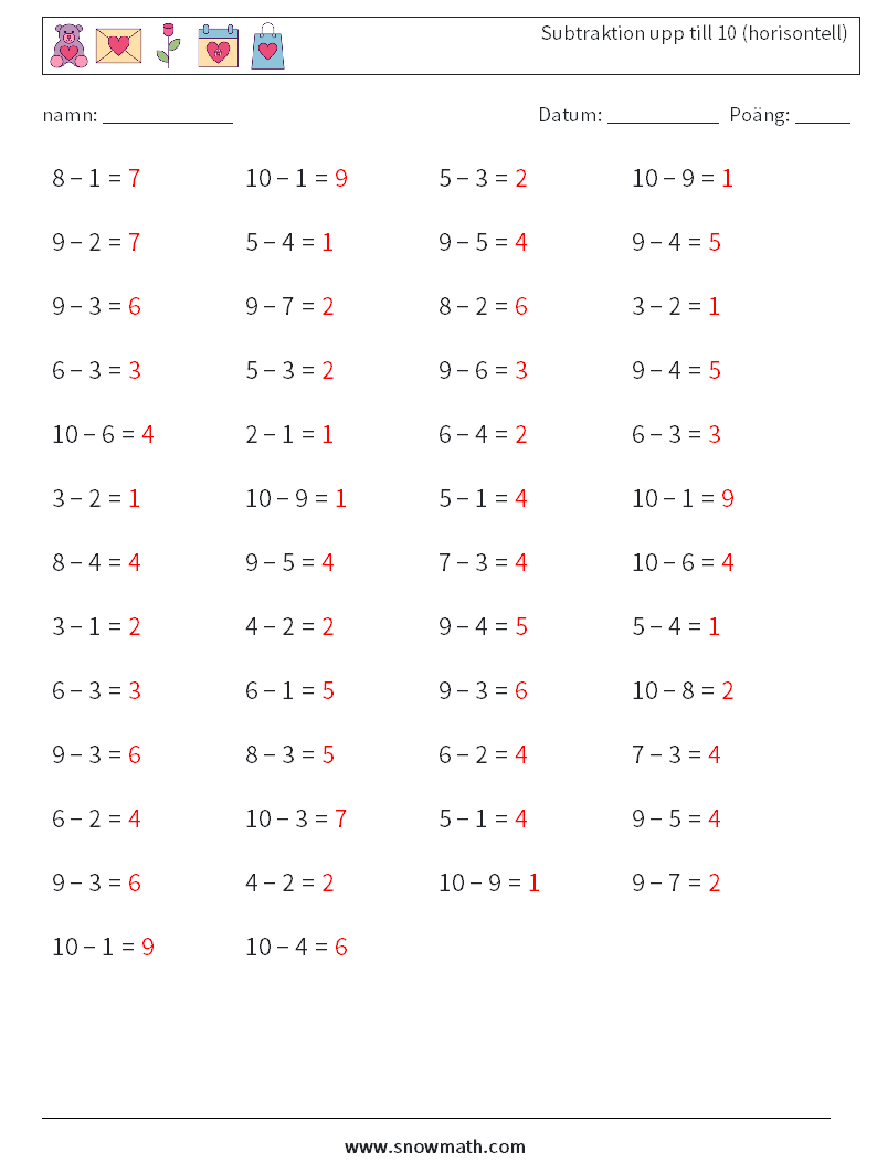 (50) Subtraktion upp till 10 (horisontell) Matematiska arbetsblad 3 Fråga, svar