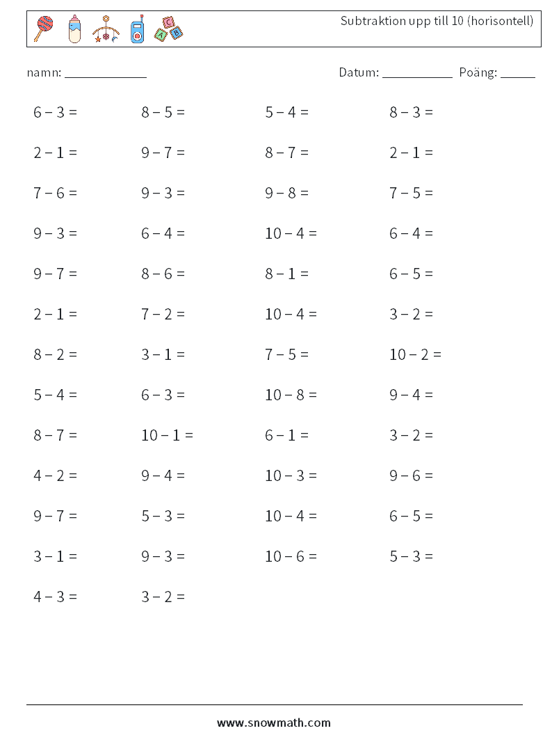 (50) Subtraktion upp till 10 (horisontell) Matematiska arbetsblad 4