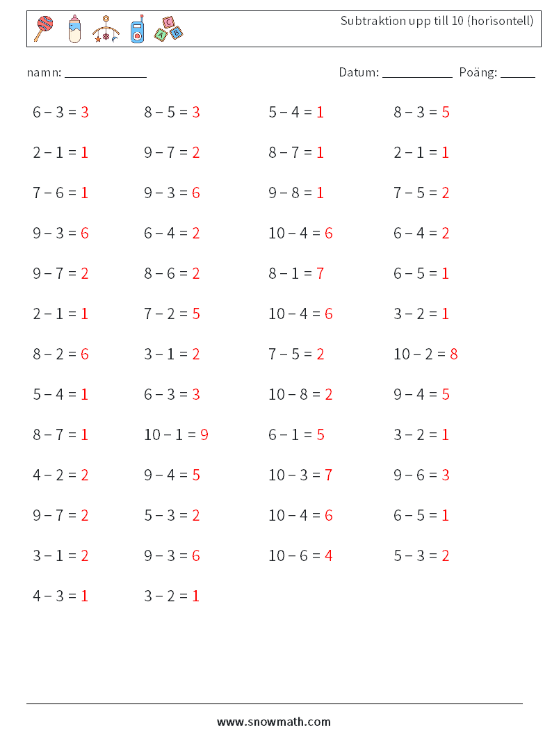 (50) Subtraktion upp till 10 (horisontell) Matematiska arbetsblad 4 Fråga, svar