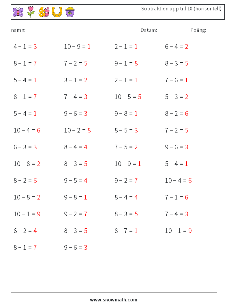 (50) Subtraktion upp till 10 (horisontell) Matematiska arbetsblad 5 Fråga, svar