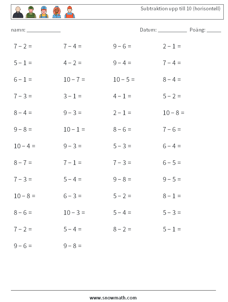 (50) Subtraktion upp till 10 (horisontell) Matematiska arbetsblad 7