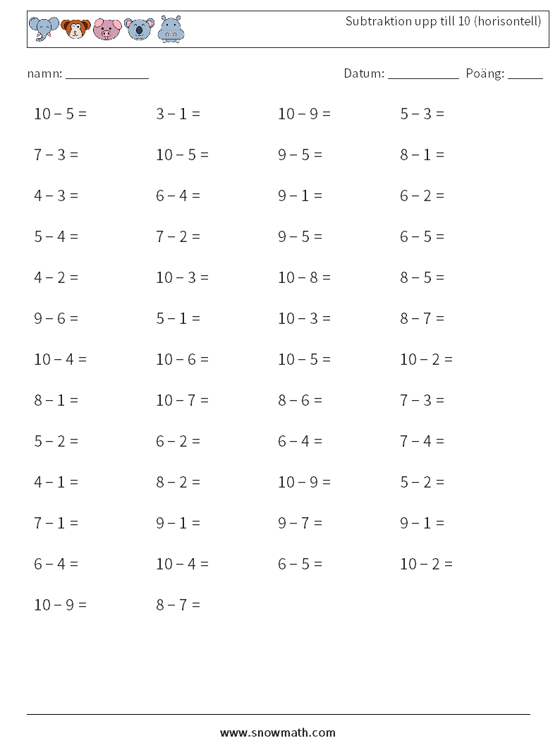 (50) Subtraktion upp till 10 (horisontell) Matematiska arbetsblad 8