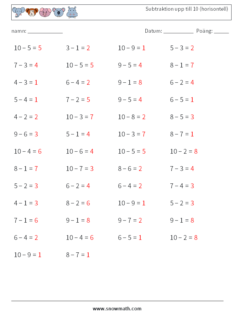 (50) Subtraktion upp till 10 (horisontell) Matematiska arbetsblad 8 Fråga, svar