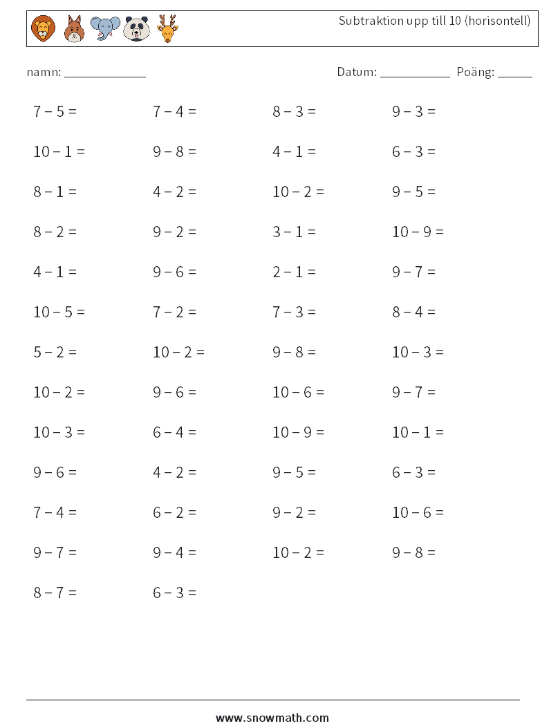 (50) Subtraktion upp till 10 (horisontell) Matematiska arbetsblad 9