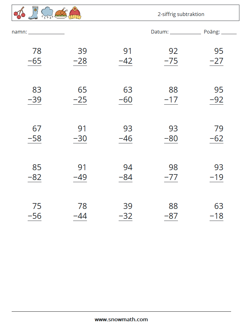 (25) 2-siffrig subtraktion Matematiska arbetsblad 1