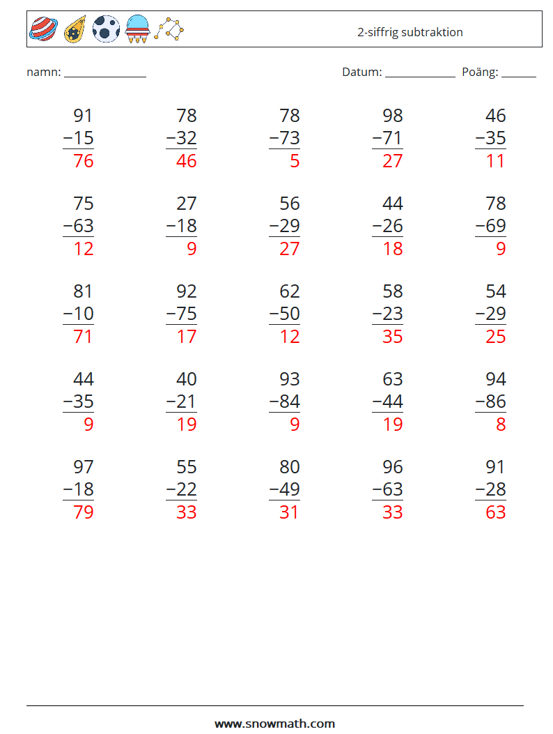 (25) 2-siffrig subtraktion Matematiska arbetsblad 11 Fråga, svar