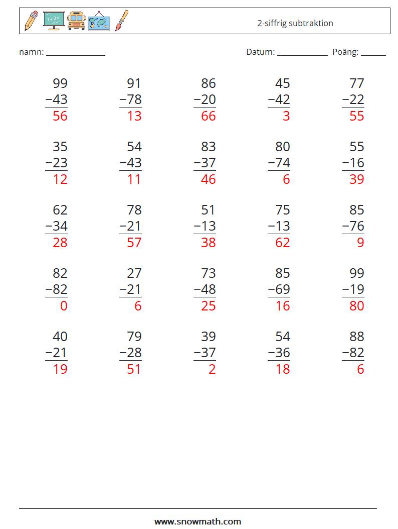 (25) 2-siffrig subtraktion Matematiska arbetsblad 12 Fråga, svar