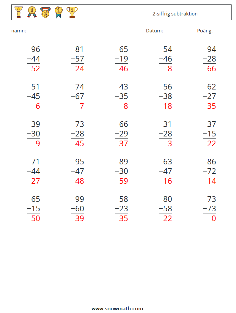 (25) 2-siffrig subtraktion Matematiska arbetsblad 14 Fråga, svar