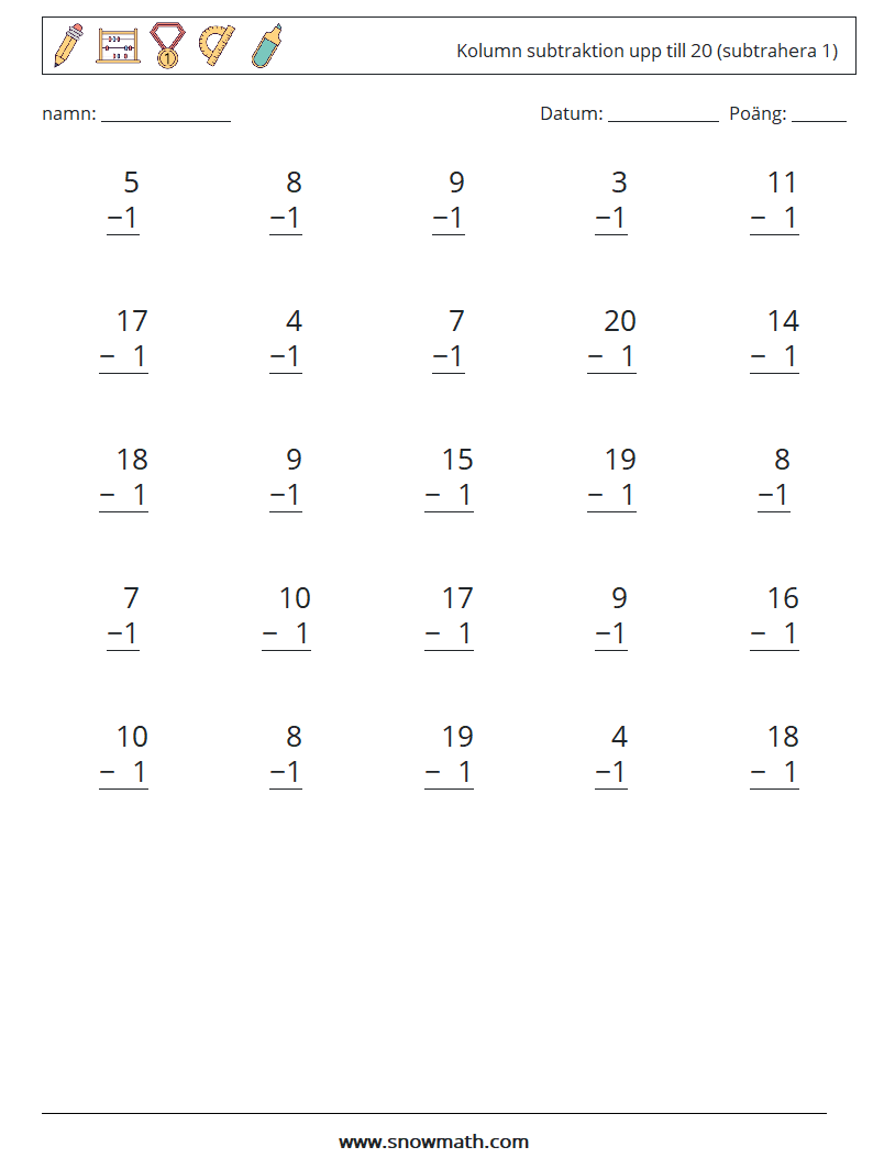 (25) Kolumn subtraktion upp till 20 (subtrahera 1) Matematiska arbetsblad 10