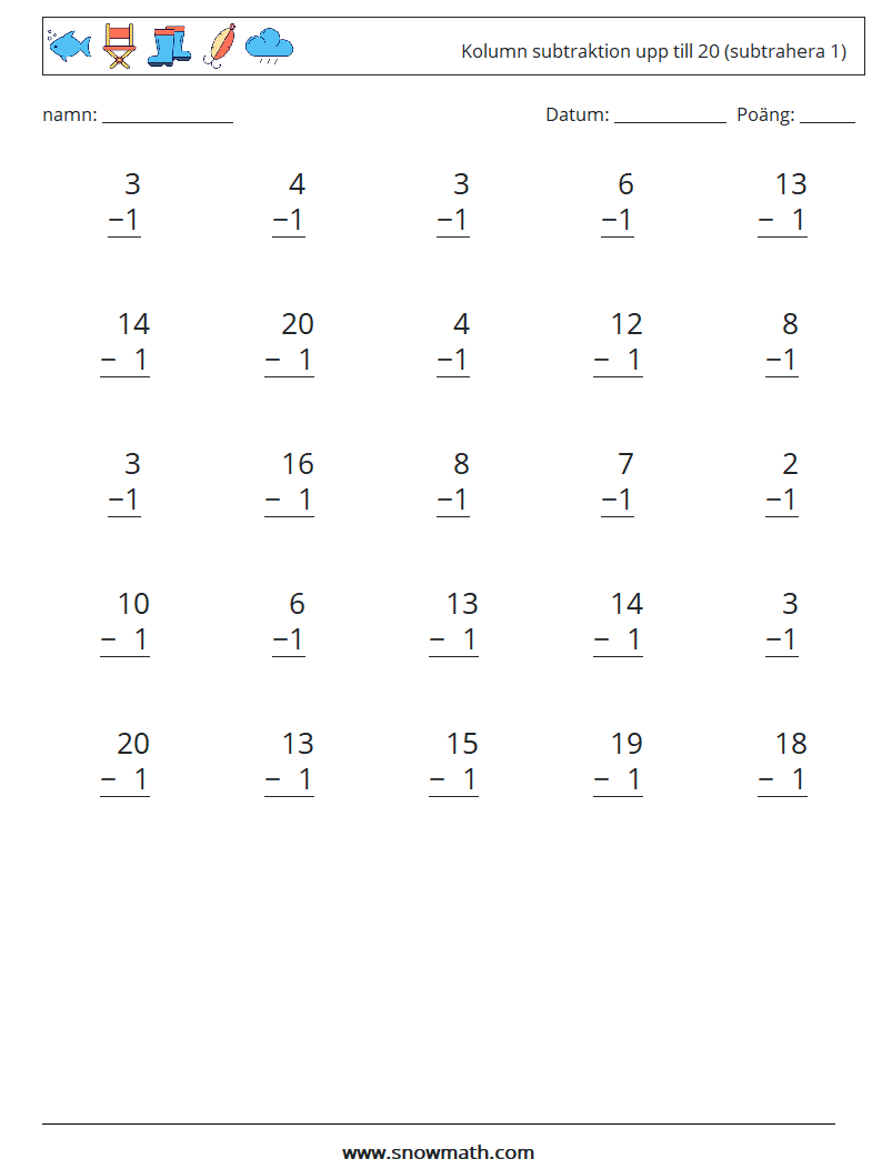 (25) Kolumn subtraktion upp till 20 (subtrahera 1) Matematiska arbetsblad 11