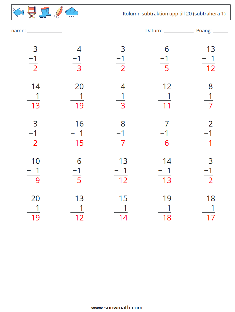 (25) Kolumn subtraktion upp till 20 (subtrahera 1) Matematiska arbetsblad 11 Fråga, svar