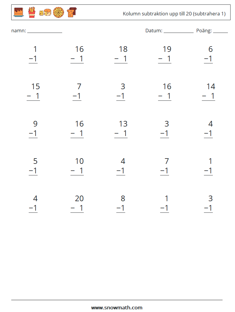 (25) Kolumn subtraktion upp till 20 (subtrahera 1) Matematiska arbetsblad 12