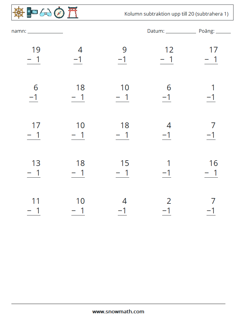 (25) Kolumn subtraktion upp till 20 (subtrahera 1) Matematiska arbetsblad 13