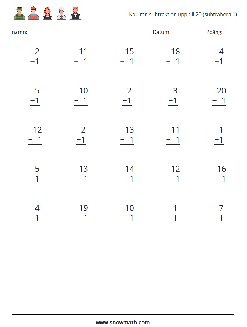 (25) Kolumn subtraktion upp till 20 (subtrahera 1) Matematiska arbetsblad 14
