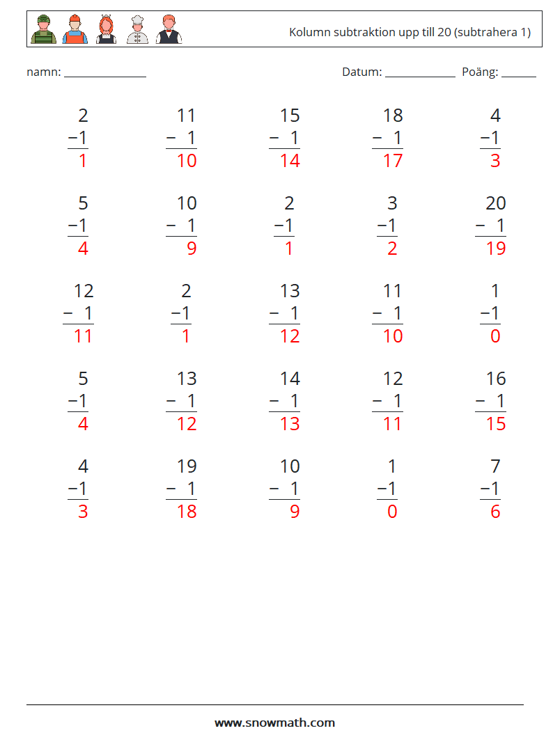 (25) Kolumn subtraktion upp till 20 (subtrahera 1) Matematiska arbetsblad 14 Fråga, svar