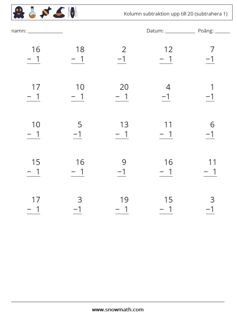 (25) Kolumn subtraktion upp till 20 (subtrahera 1) Matematiska arbetsblad 15