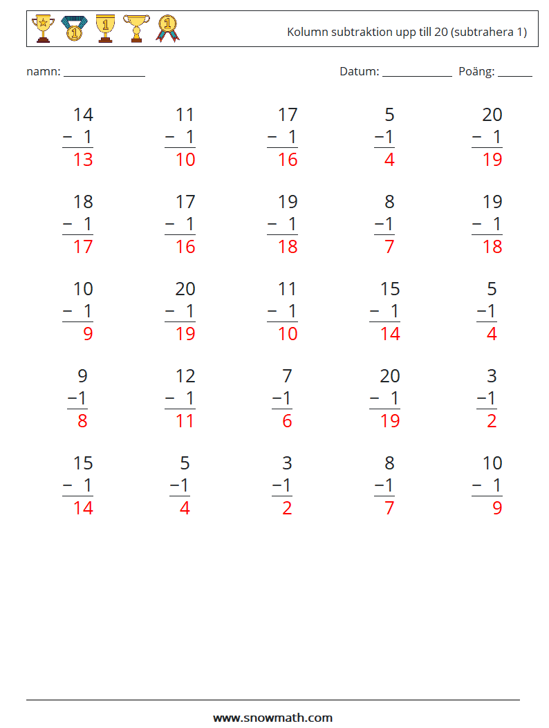 (25) Kolumn subtraktion upp till 20 (subtrahera 1) Matematiska arbetsblad 16 Fråga, svar