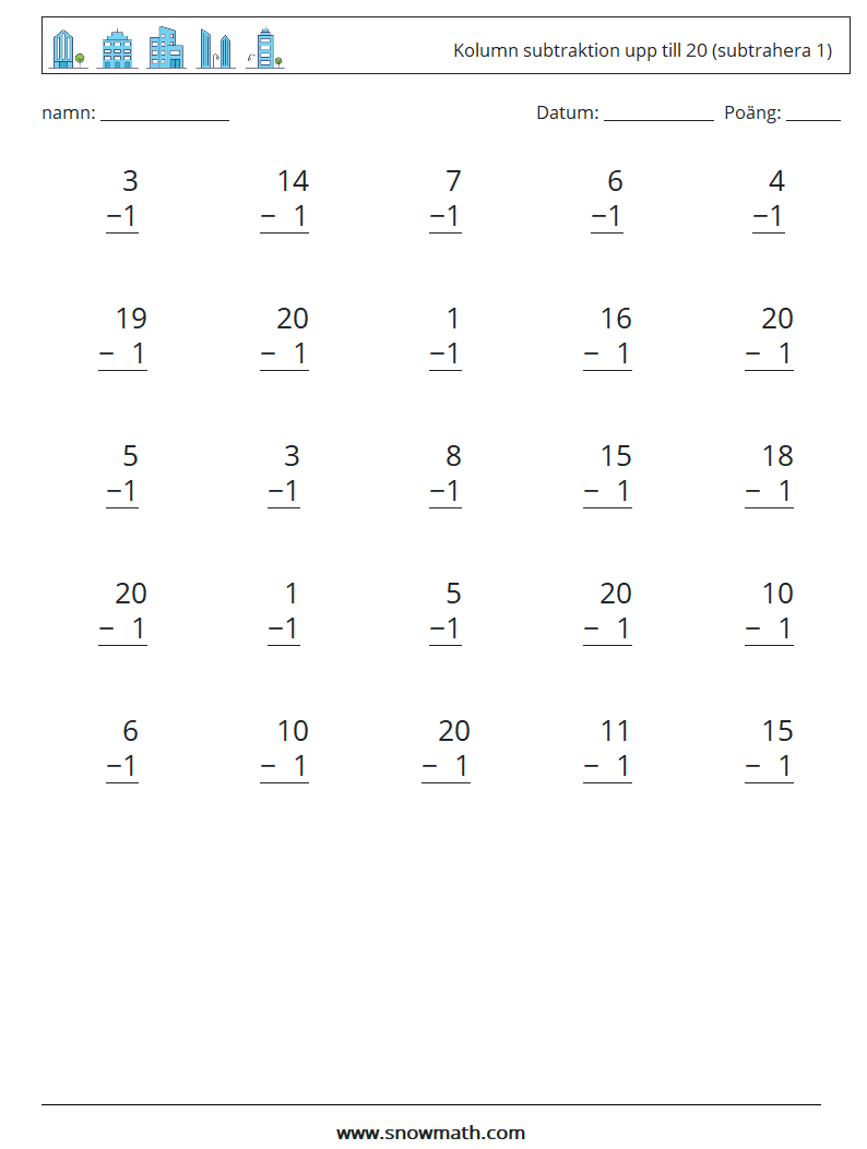 (25) Kolumn subtraktion upp till 20 (subtrahera 1) Matematiska arbetsblad 17