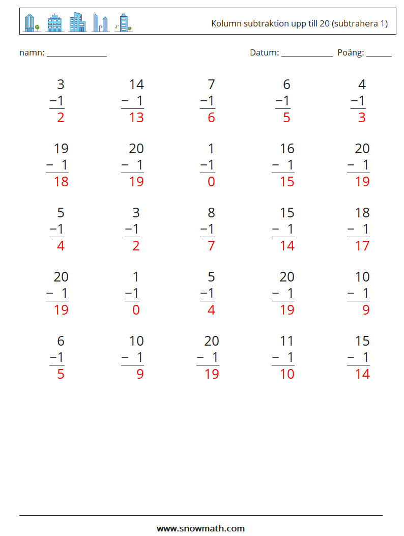 (25) Kolumn subtraktion upp till 20 (subtrahera 1) Matematiska arbetsblad 17 Fråga, svar