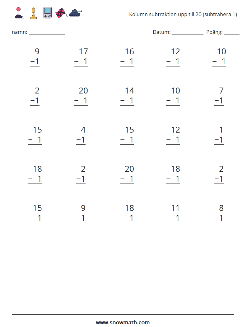 (25) Kolumn subtraktion upp till 20 (subtrahera 1) Matematiska arbetsblad 18