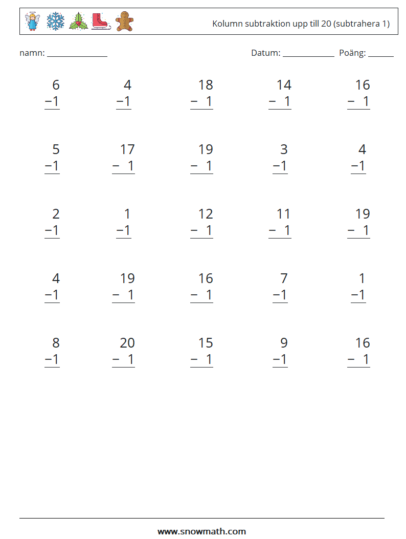 (25) Kolumn subtraktion upp till 20 (subtrahera 1) Matematiska arbetsblad 2