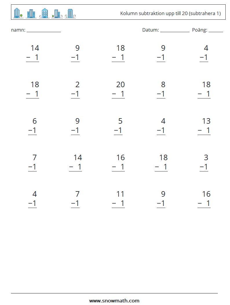 (25) Kolumn subtraktion upp till 20 (subtrahera 1) Matematiska arbetsblad 3