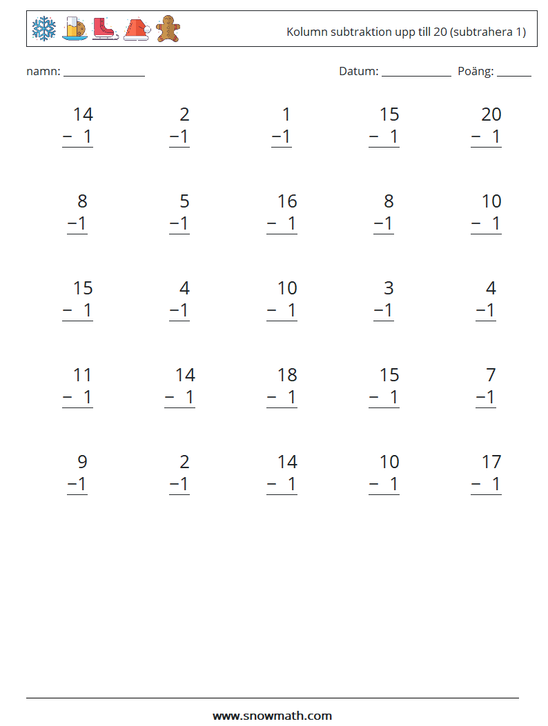 (25) Kolumn subtraktion upp till 20 (subtrahera 1) Matematiska arbetsblad 4
