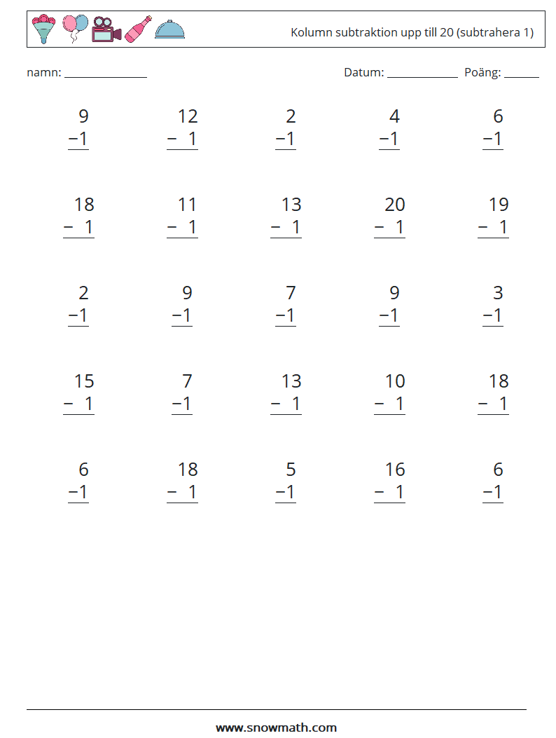 (25) Kolumn subtraktion upp till 20 (subtrahera 1) Matematiska arbetsblad 5