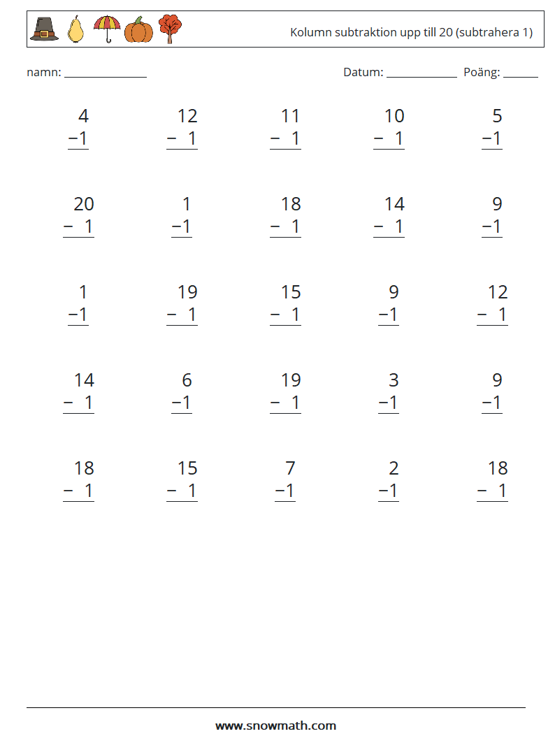 (25) Kolumn subtraktion upp till 20 (subtrahera 1) Matematiska arbetsblad 6