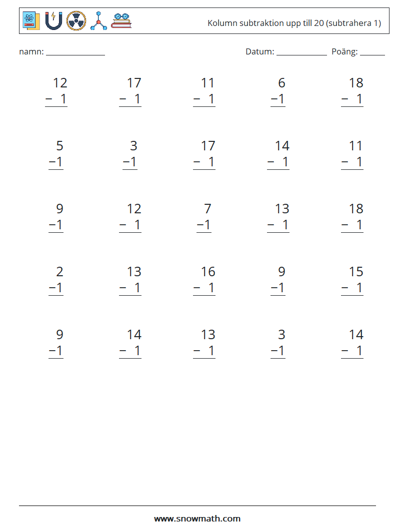 (25) Kolumn subtraktion upp till 20 (subtrahera 1) Matematiska arbetsblad 7