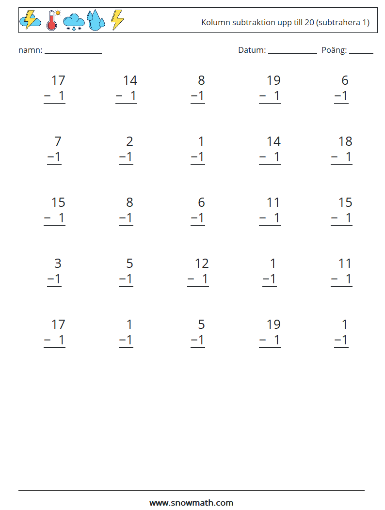 (25) Kolumn subtraktion upp till 20 (subtrahera 1) Matematiska arbetsblad 8