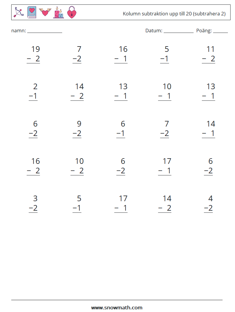(25) Kolumn subtraktion upp till 20 (subtrahera 2) Matematiska arbetsblad 1