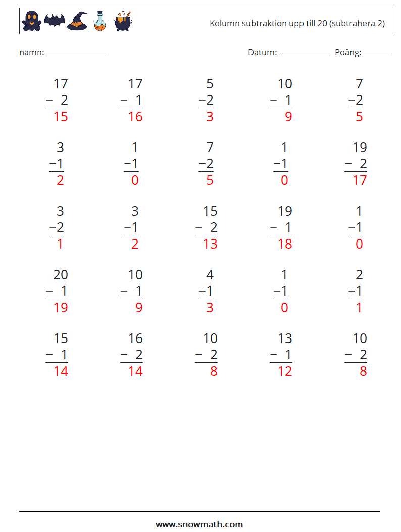 (25) Kolumn subtraktion upp till 20 (subtrahera 2) Matematiska arbetsblad 10 Fråga, svar