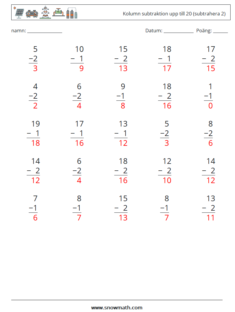 (25) Kolumn subtraktion upp till 20 (subtrahera 2) Matematiska arbetsblad 11 Fråga, svar