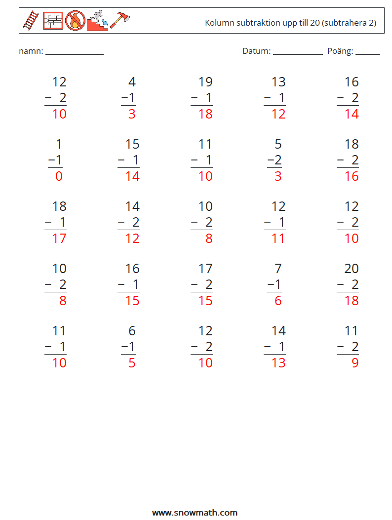 (25) Kolumn subtraktion upp till 20 (subtrahera 2) Matematiska arbetsblad 12 Fråga, svar