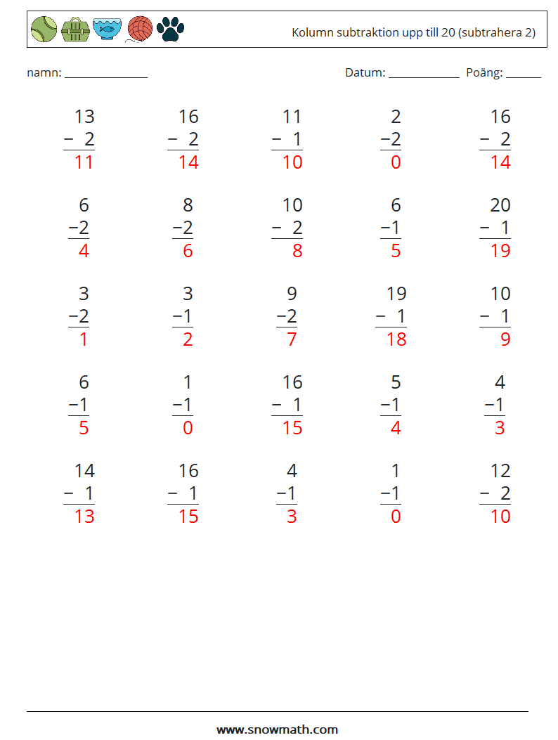 (25) Kolumn subtraktion upp till 20 (subtrahera 2) Matematiska arbetsblad 15 Fråga, svar