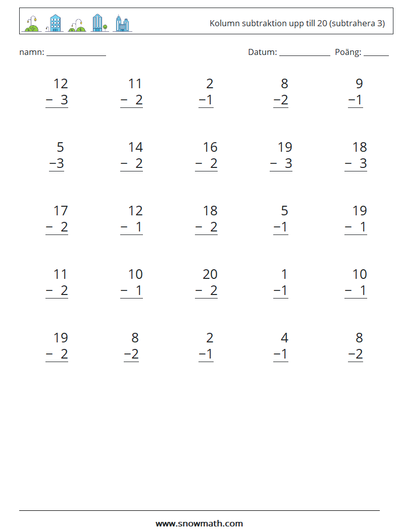 (25) Kolumn subtraktion upp till 20 (subtrahera 3) Matematiska arbetsblad 8