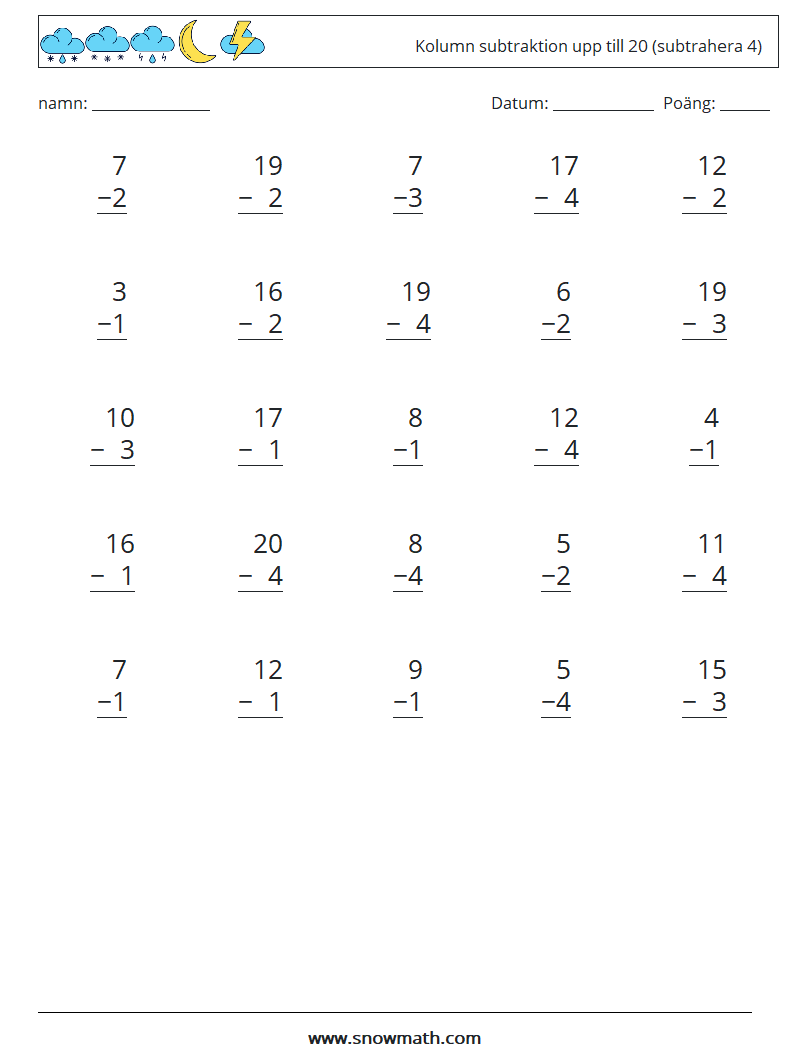 (25) Kolumn subtraktion upp till 20 (subtrahera 4) Matematiska arbetsblad 1