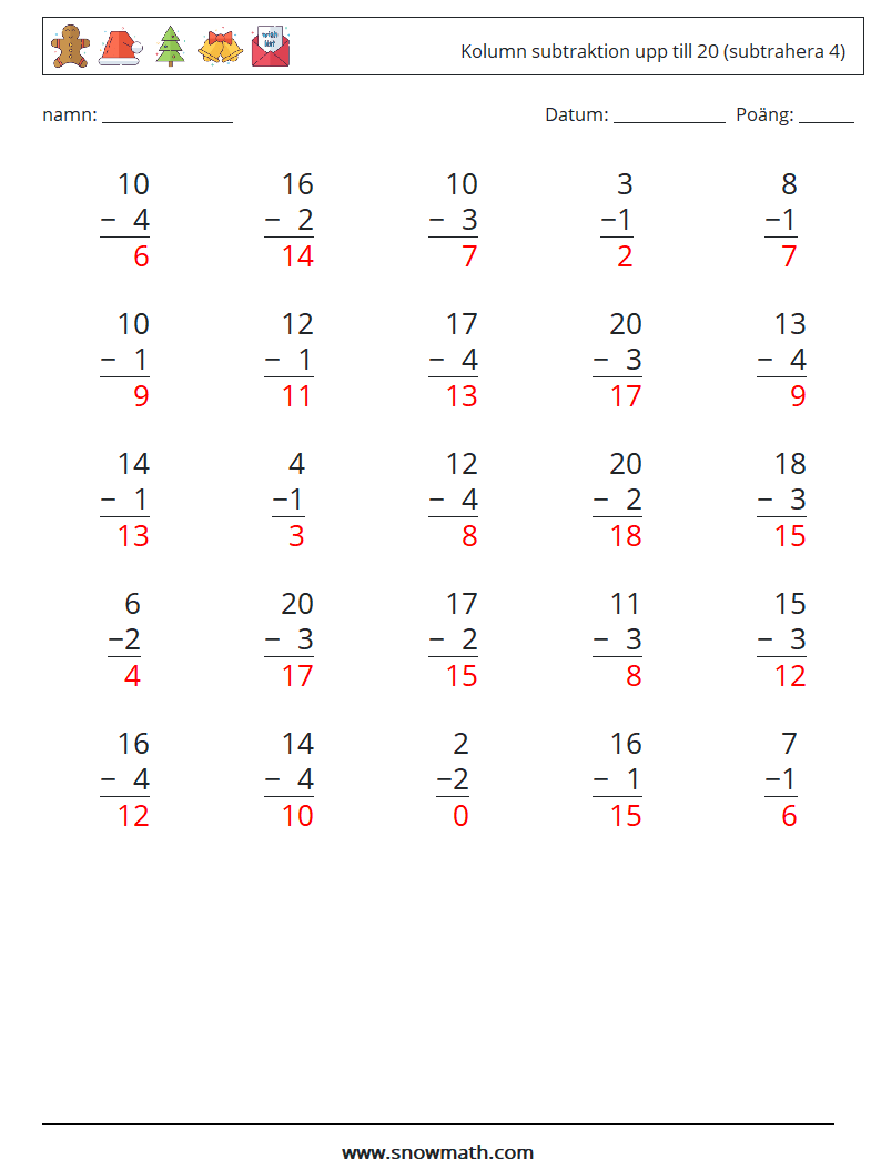 (25) Kolumn subtraktion upp till 20 (subtrahera 4) Matematiska arbetsblad 12 Fråga, svar