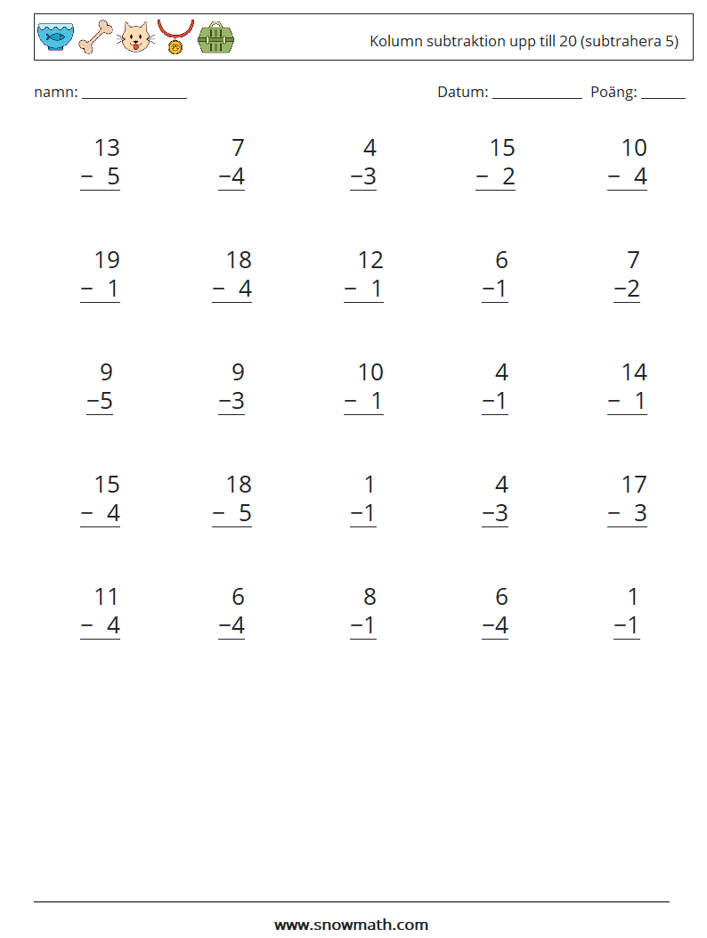 (25) Kolumn subtraktion upp till 20 (subtrahera 5) Matematiska arbetsblad 1